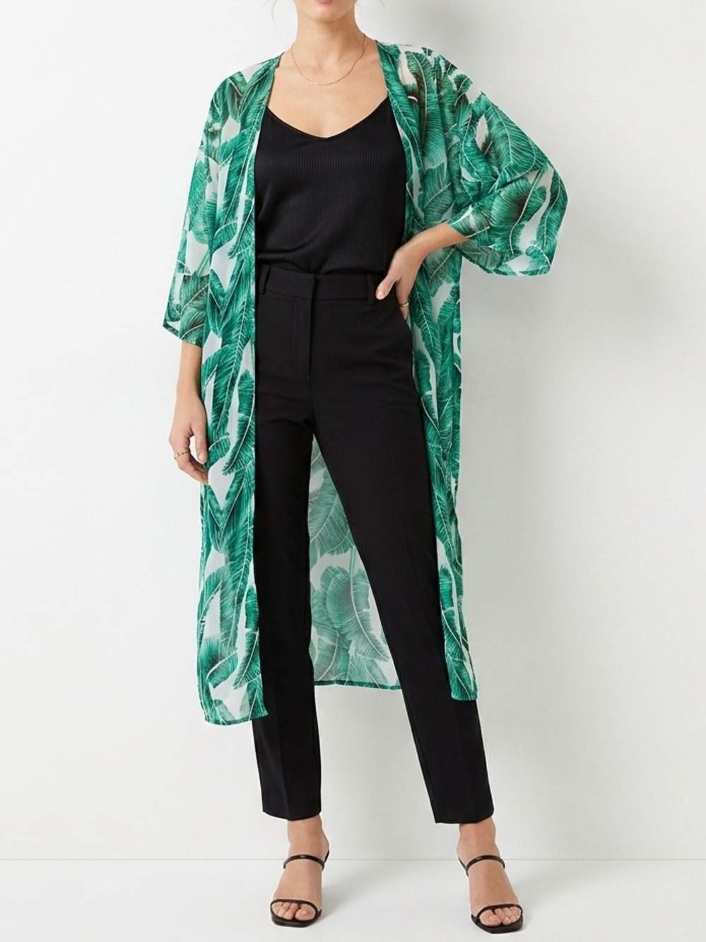 Green Leaf Print Sheer Kimono